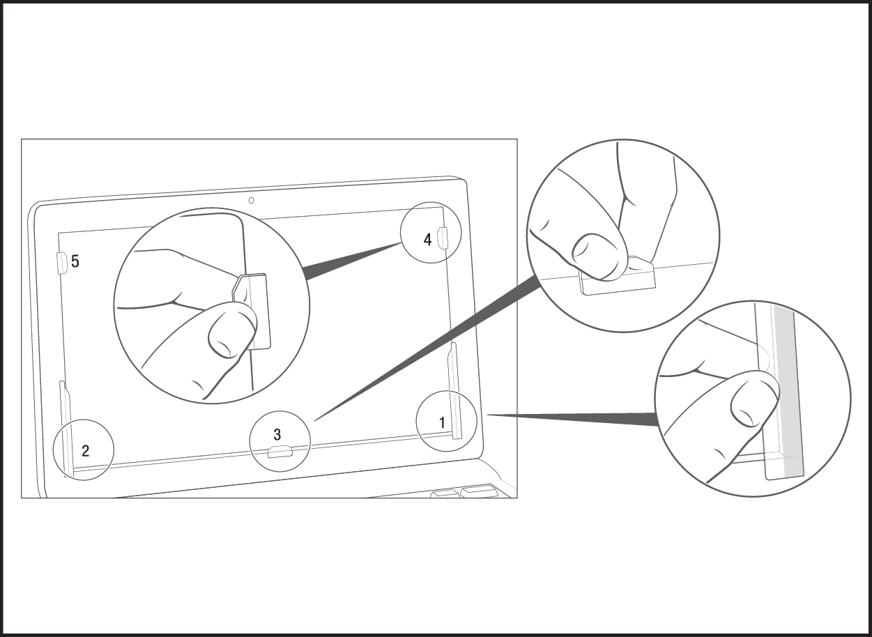 Illustration of slide mount tabs positioned and adhered to bezel around computer screen