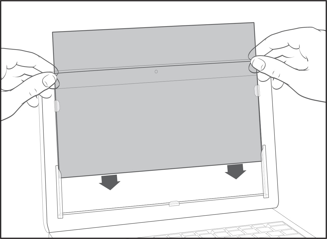 Illustration showing how to attach privacy filter to screen by using slide mount tabs