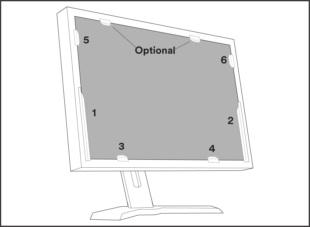 Illustration showing how to attach privacy filter to screen by using slide mount tabs