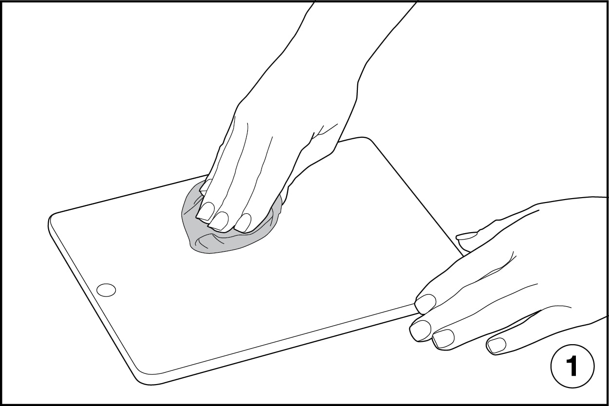 Illustration showing how to wipe tablet screen with microfiber cloth