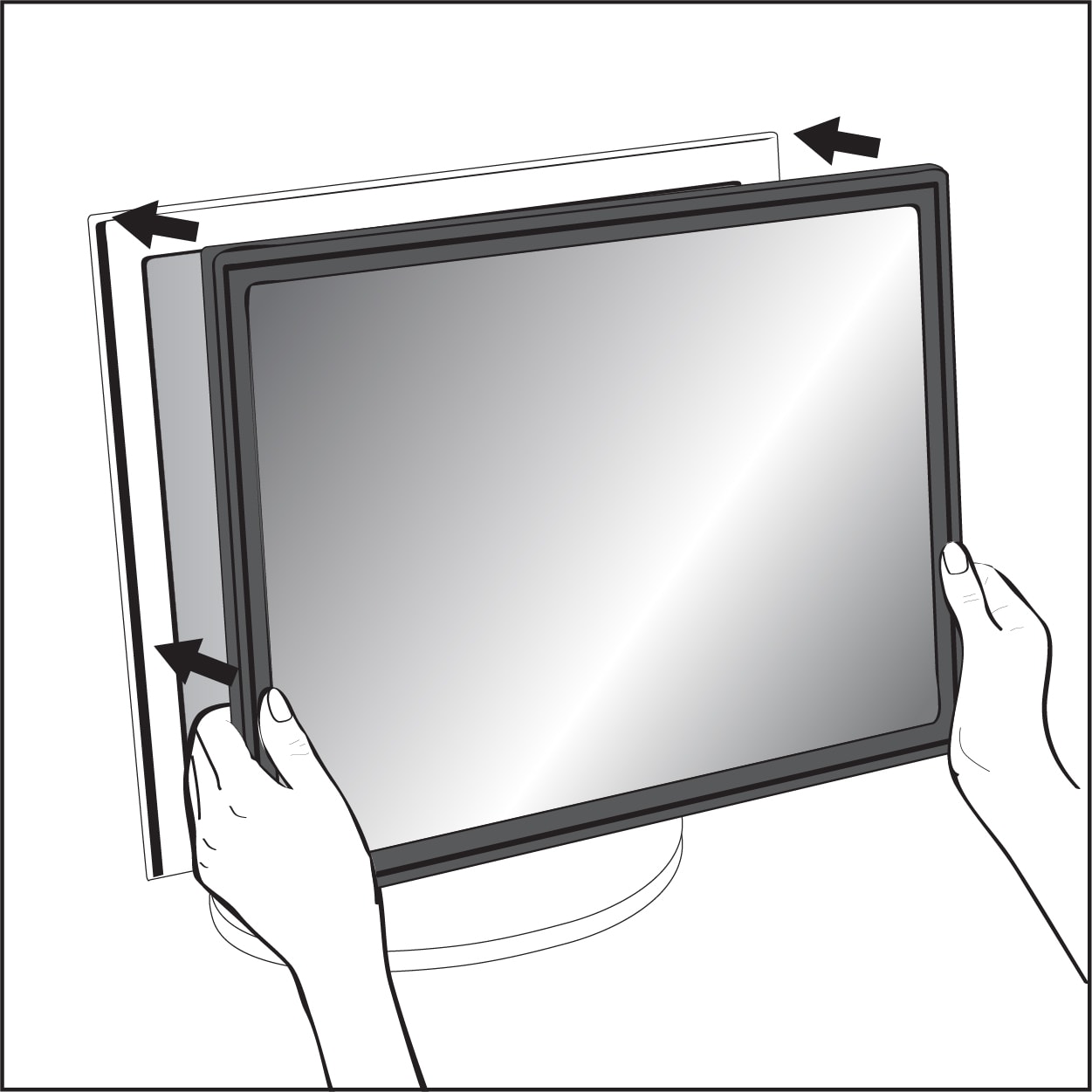 Illustration showing how to reattach framed privacy filter to monitor screen