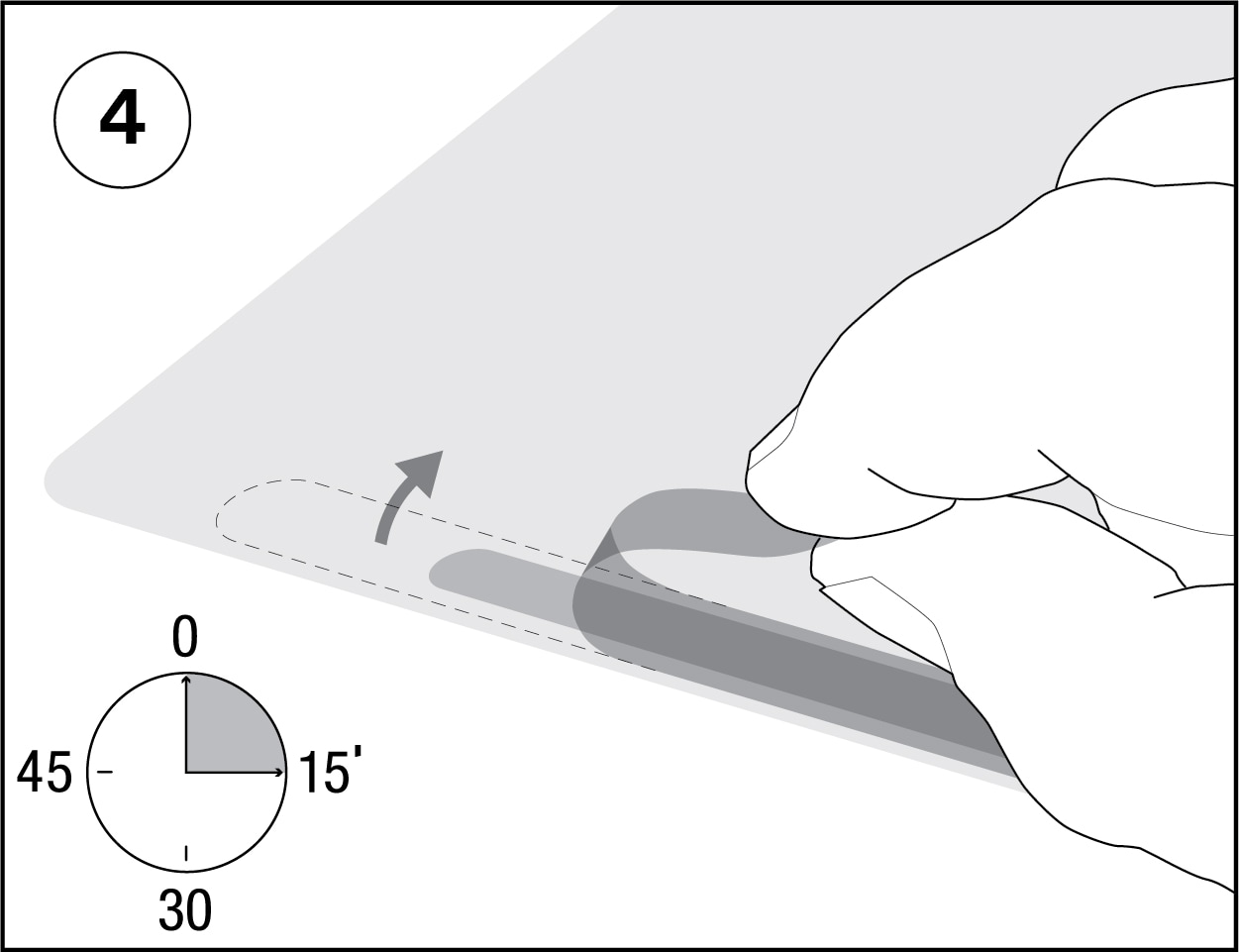 Illustration showing how to remove liners from attachment strips after application