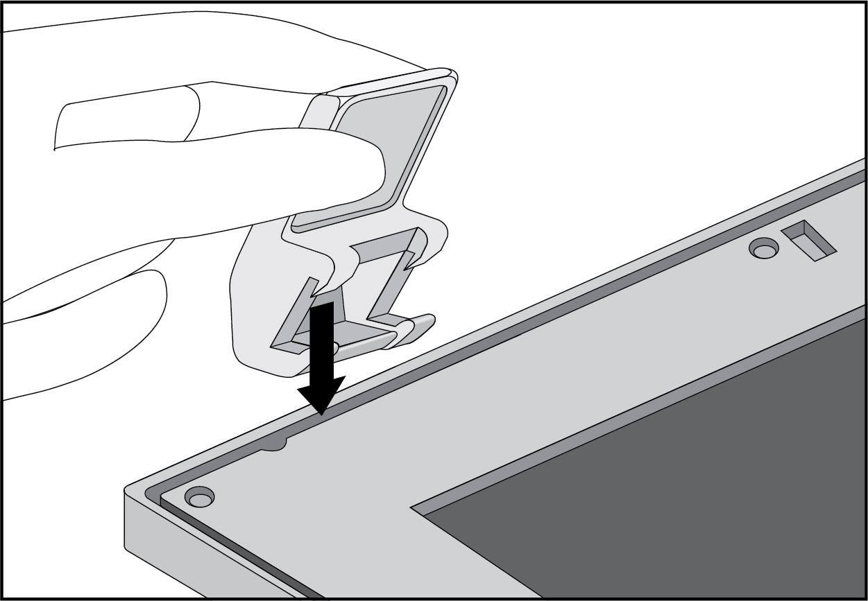 Illustration showing how to attach a hanger arm to the top of a framed privacy filter