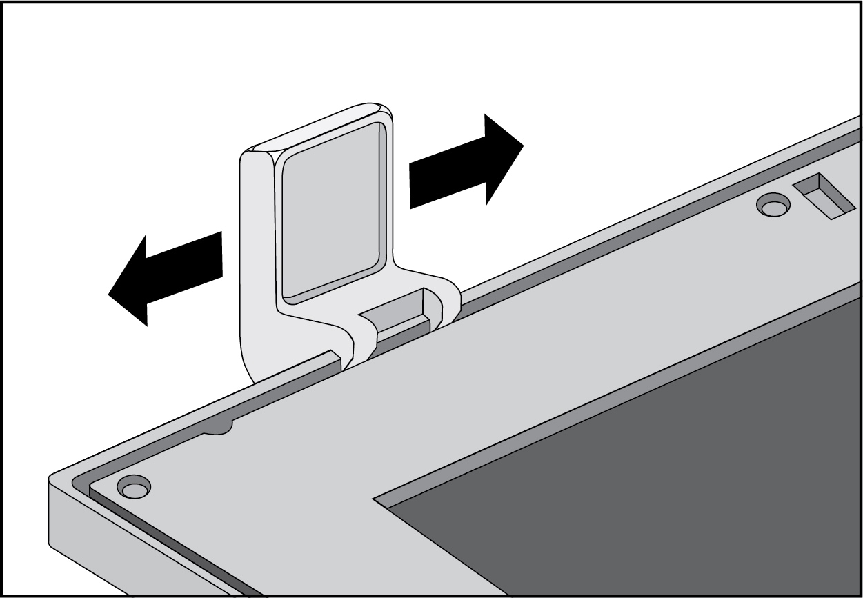 Illustration of a hanger arm sliding across the top of a framed privacy filter