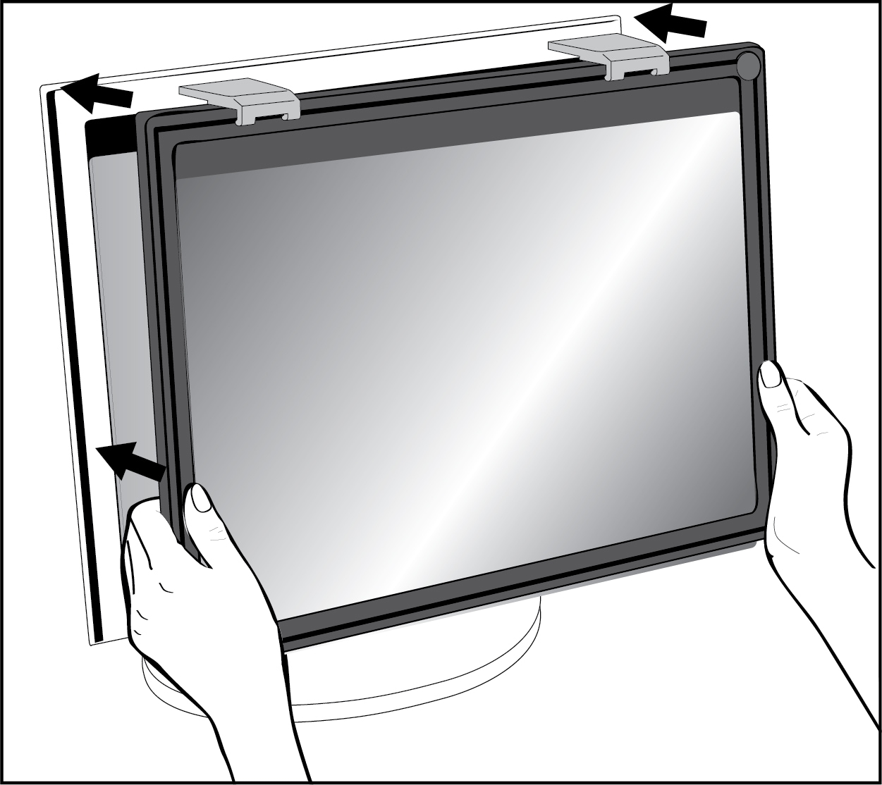 Illustration showing how to attach a framed privacy filter to monitor screen by the hanger arms